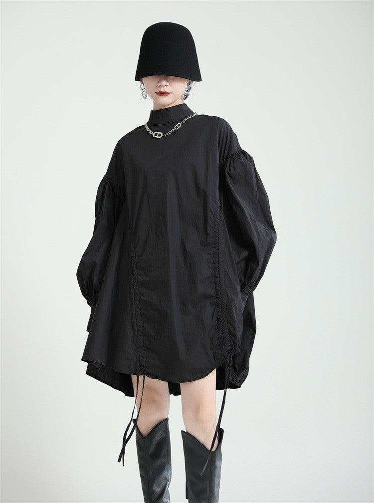 2025 Women Irregular Drawstring Big Size White Blouse New Stand Collar Long Sleeve Shirt Fashion Tide Spring Autumn