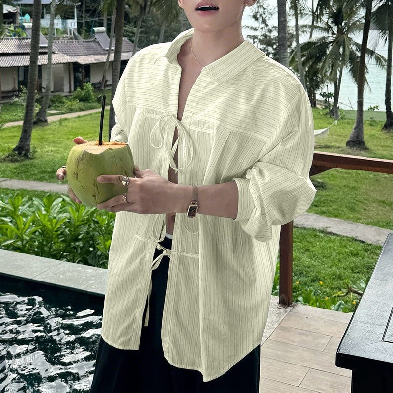 INCERUN Men Striped Shirt Lapel Long Sleeve Lace Up Hollow Out Men Clothing Oversize Korean Style Streetwear Casual Shirts Men