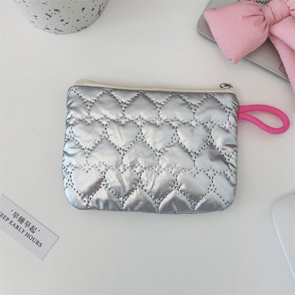 INS Style Silver Sanitary Mat Bag Zipper Button Change Purse Coins Keys Wallet Love Bow Credit Card Holder Cosmetics Napkin