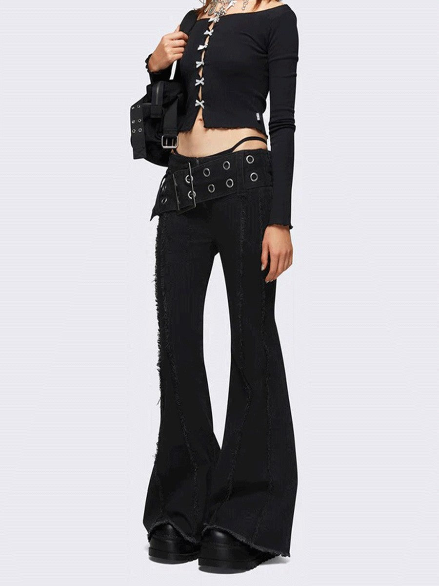 Women's black classic lace-up buckle decoration design stylish casual fur edge stretch slim flared jeans