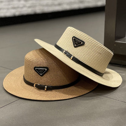 Straw Sun Hat for Children Kids Triangular Metal Logo Woven Beach Hat Spring Summer Fashion Vacation Sun Protection Wide Brim