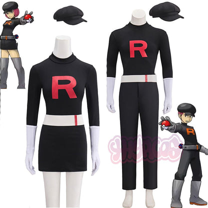 Anime Team Rocket Grunt Cosplay Costumes Anime Black Uniform Hat Halloween Cosplay Costume Full Set Women Men Carnival Party