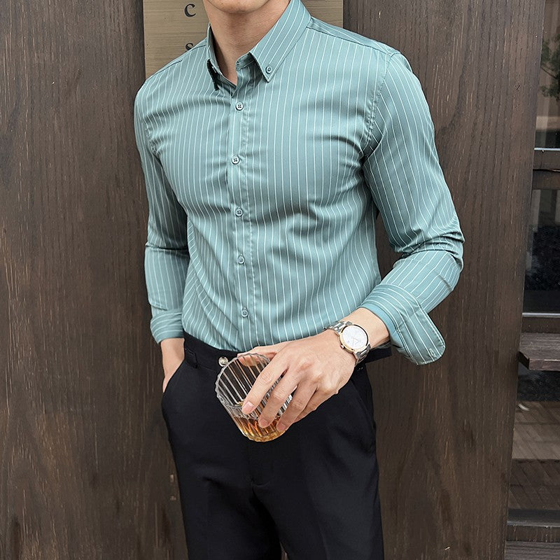 Striped Shirts for Men High-quality 2025 Autumn New Solid Business Casual Long Sleeved Elastic Slim Fit Dress Shirt Men Clothing