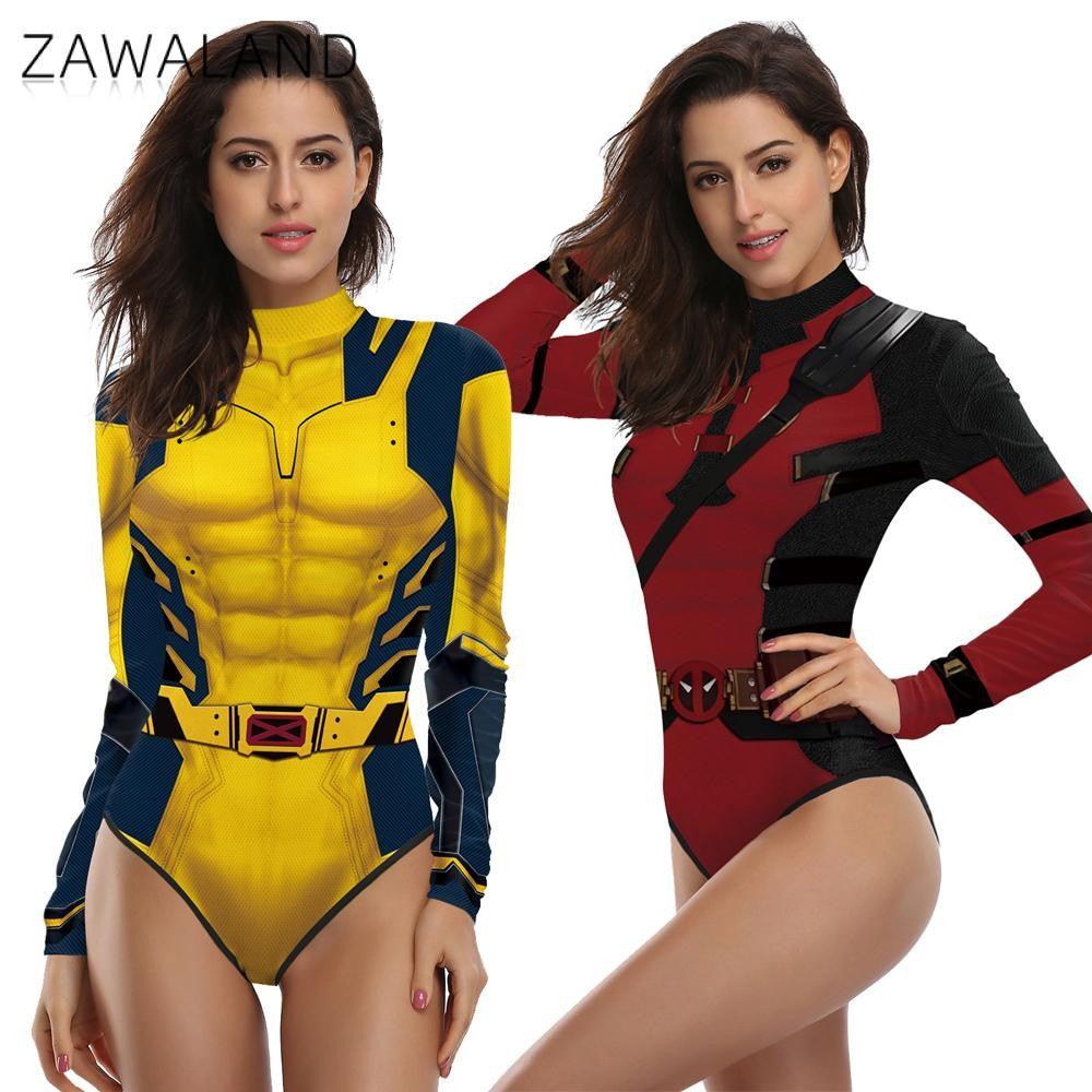 Zawaland Adult Superhero Deadpool Wolverine Print Long Sleeve Party Jumpsuit Cosplay Costume Halloween Party Zentai Bodysuit