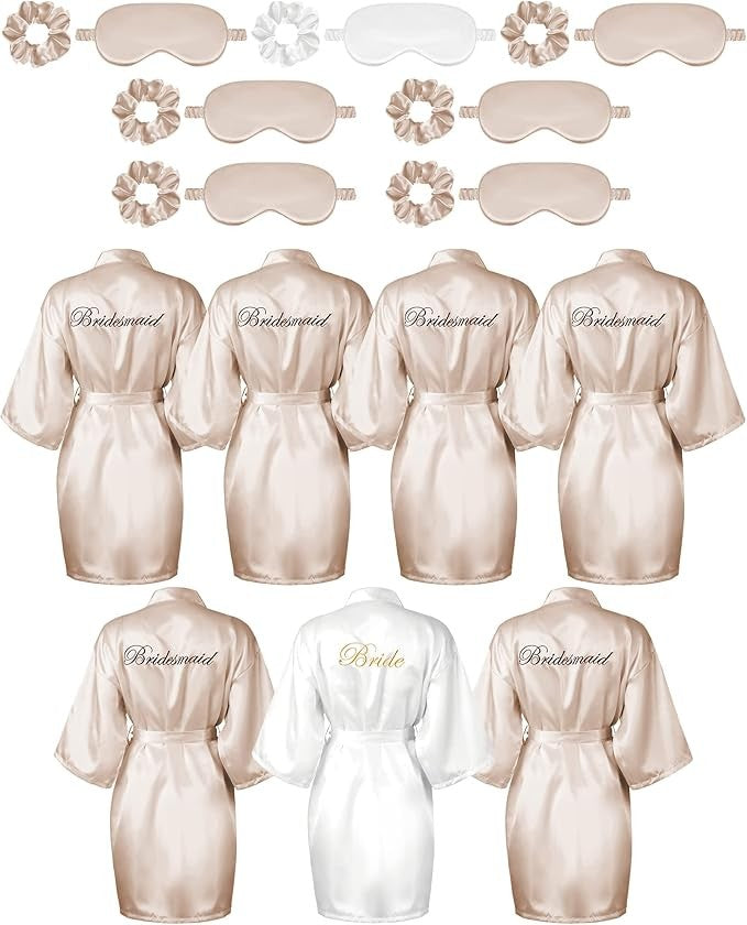 7 Pcs Bridesmaid Robe Sets Bride Silk Satin Bridal Party with Sleeping Eye Mask and Elastic Headband