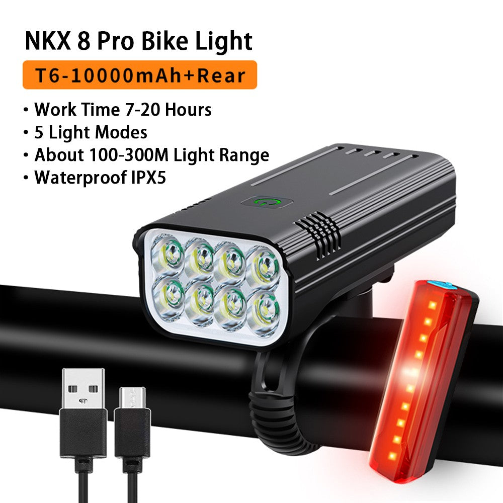 10000mAh 6-8 LED Bike Light USB Rechargeable 3600 Lumens Bike Headlight Super Bright Flashlight Front Lights and Back Rear light