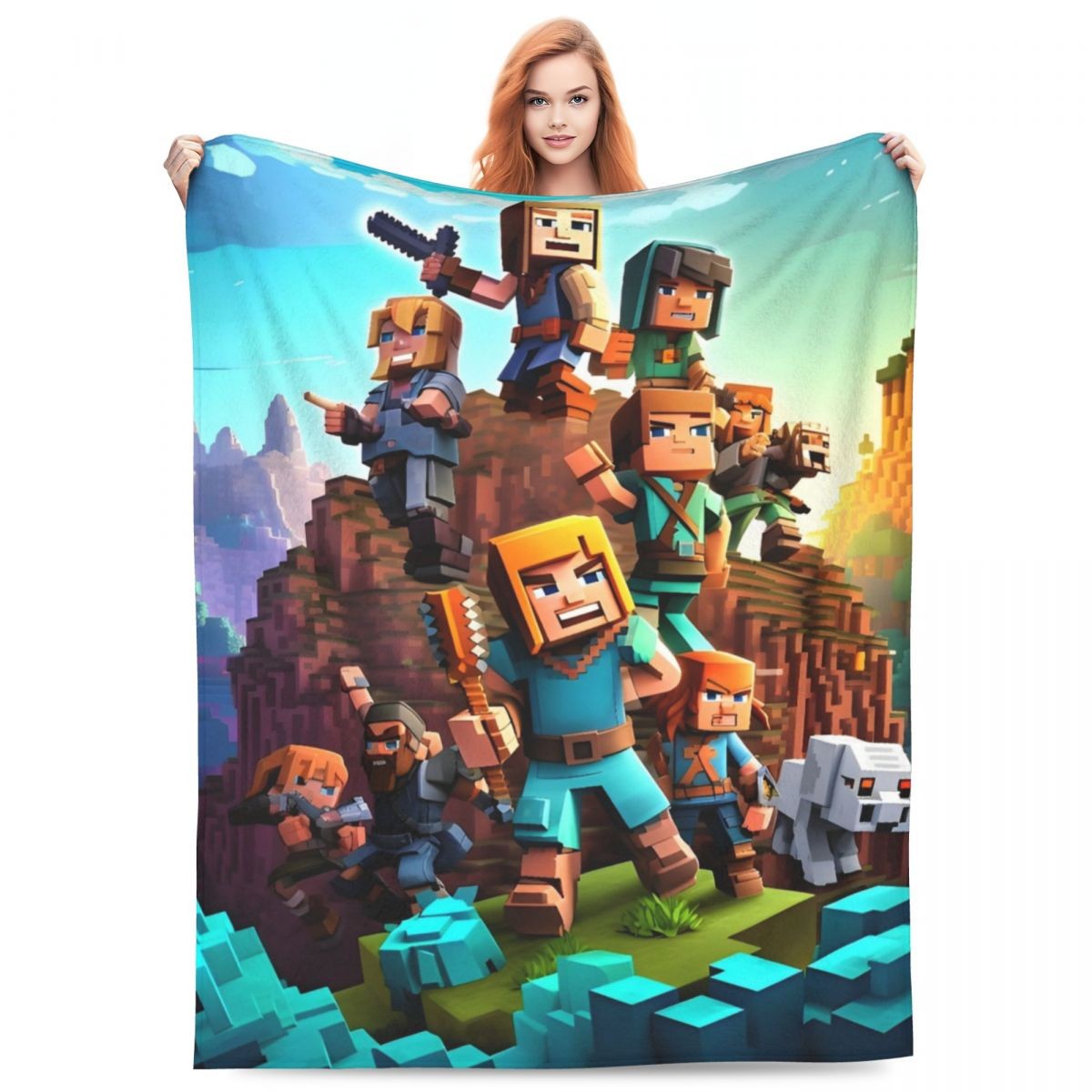 Cartoon Mines Pixel Game Crafts Flannel Blanket Super Warm Throw Blanket for Home Decor Decorative Street Trend Bedspread