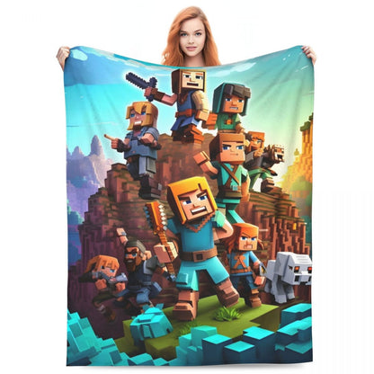 Cartoon Mines Pixel Game Crafts Flannel Blanket Super Warm Throw Blanket for Home Decor Decorative Street Trend Bedspread