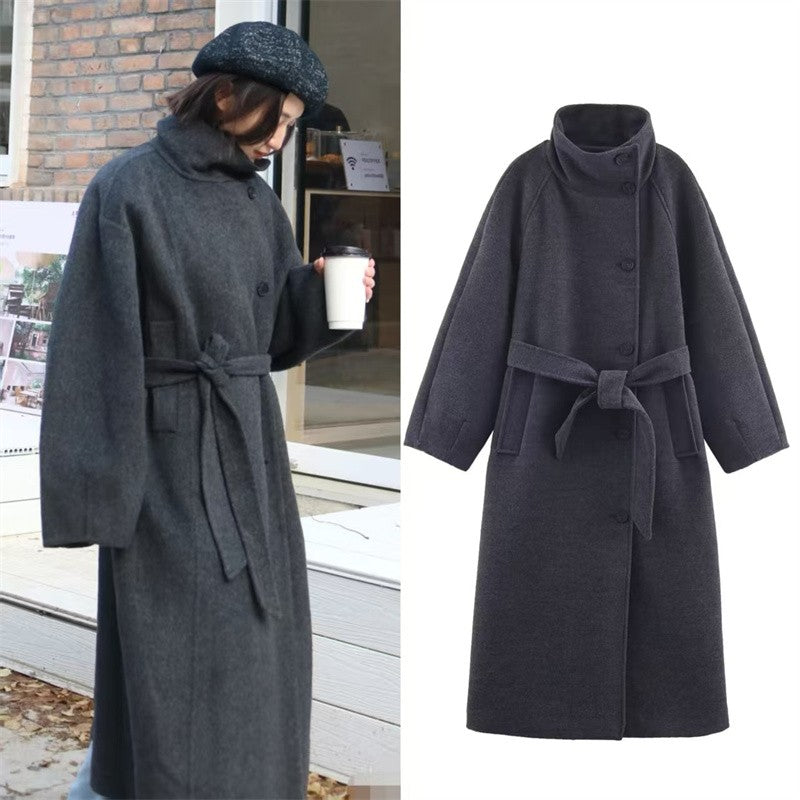 Women's Coat 2025 Autumn and Winter New Style Gray Long-Sleeve Belted Single-Breasted Stand Collar Loose Coat Fashionable