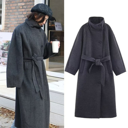 Women's Coat 2025 Autumn and Winter New Style Gray Long-Sleeve Belted Single-Breasted Stand Collar Loose Coat Fashionable