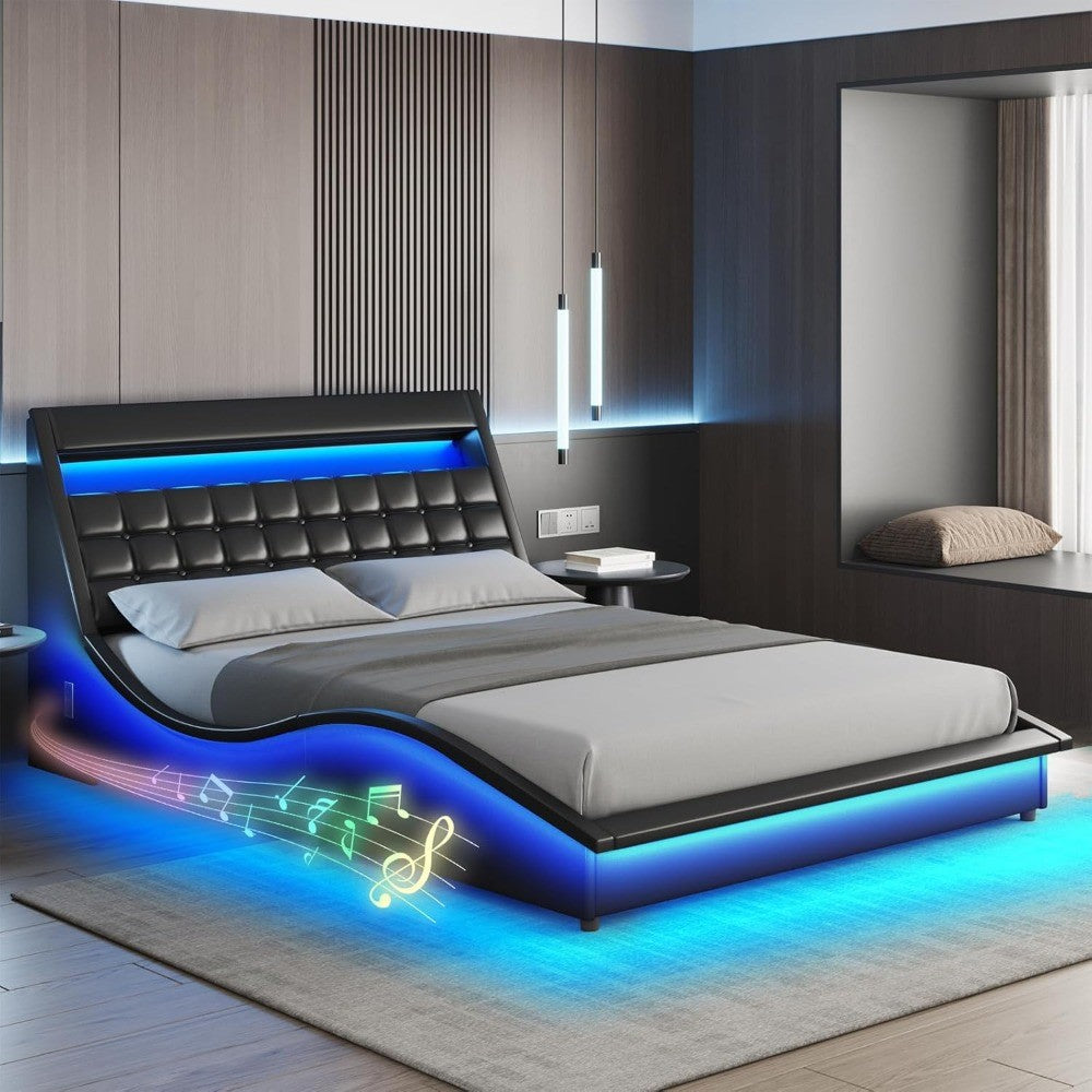 Queen Size LED Bed Frame with Bluetooth Speaker, PU Leather Upholstered Platform Bed Frame with Charging Station, Modern