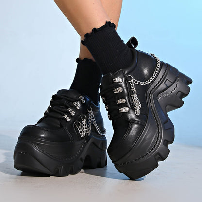 Gothic Punk Chunky Sneakers for Women Black Chain Decor Platform Sports Shoes Woman Thick Sole Non Slip Punk Sneakers Plus Size