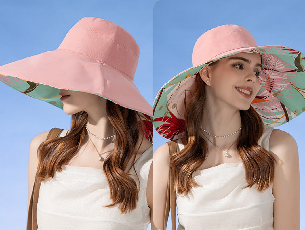 Xinbaoguan 100%poliéster8240Chapéu de pescador de aba dupla alargada NOVO transfronteiriço feminino Chapéu de sol de verão Chapéu de sol fashion