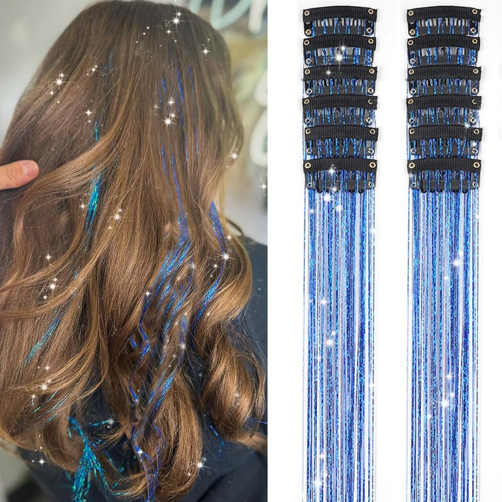 Pacote de 12 Unidades de Cabelo Extensor com Presilha, Tinsel Colorido com Brilho, Extensões de Cabelo de Fada, Acessório Cintilante para Festa de Mulheres, Meninas e Crianças