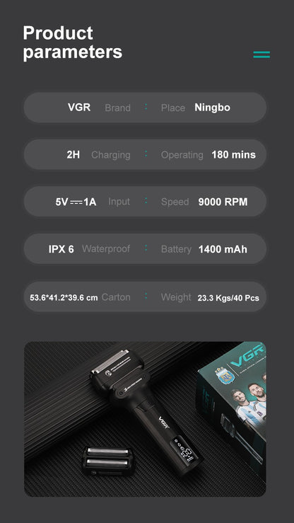 VGR Shaver Professional Beard Trimmer Waterproof Razor 9000 RPM Electric Shaving Machine Reciprocating LED Shaver for Men V-368