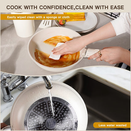 Conjunto de Panelas de 21 Peças Antiaderente, Conjunto de Utensílios de Cozinha de Cerâmica Astercook com Cabos Sensores, Branco Leitoso