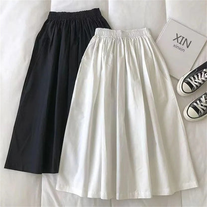 Women Solid Long Skirt Fashion Pockets Pleated Knee Length Skirts Autumn 2025 New Casual Elegant High Waist A Line Femme Skirts