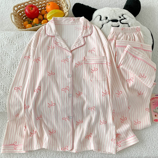 Spring and Autumn Sweet Bow Korean Style Ins Wrinkled Fabric Long Sleeve Cardigan Nightgown Women's High-Quality Homewear Set