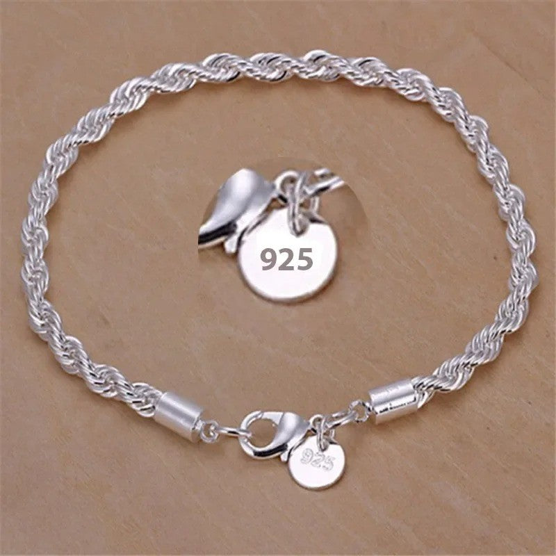 Braceletes de Corrente Torcida de Prata Esterlina 925 4MM para Mulheres e Homens, Joias Masculinas de Prata Minimalistas da Moda, Presentes para Casais