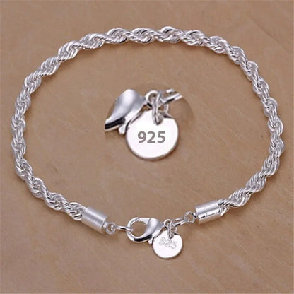 Braceletes de Corrente Torcida de Prata Esterlina 925 4MM para Mulheres e Homens, Joias Masculinas de Prata Minimalistas da Moda, Presentes para Casais