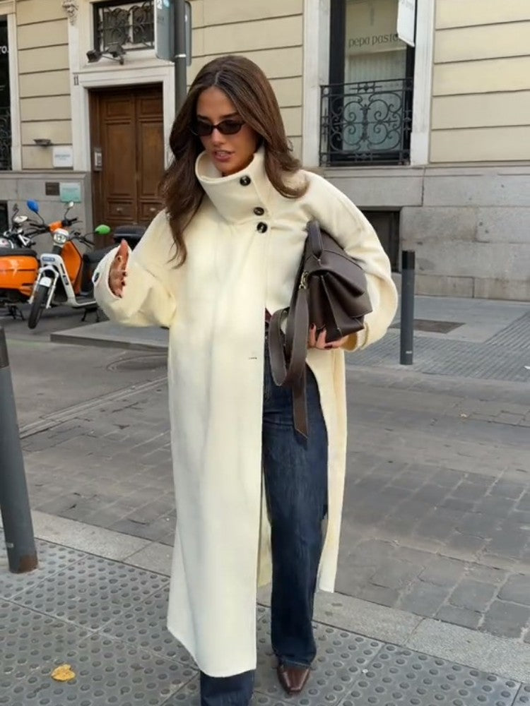 Stand Collar Single Breasted Split Long Coat Women Oversize Elegant Long Sleeve 2025 Autumn Female Outerwear Office Overcoat