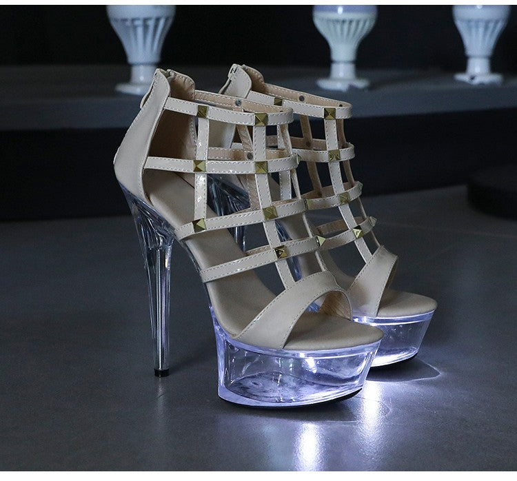 Light Up Glowing Sandals Women Transparent Platform Luminous Wedding High Heels Fashion Rivet Summer Nightclub Stripper Shoes