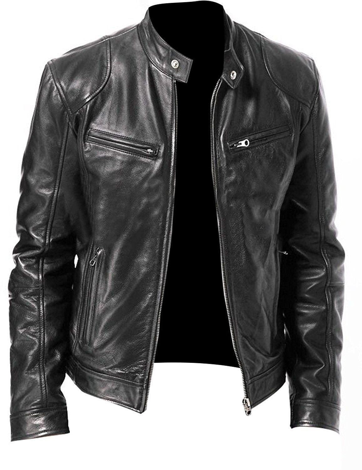 Men' s Retro Leather Jacket Stand Collar Biker Jacket Slim fit Multi-Pocket Coat Autumn Winter Outwear