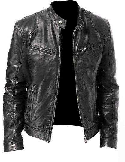 Men' s Retro Leather Jacket Stand Collar Biker Jacket Slim fit Multi-Pocket Coat Autumn Winter Outwear