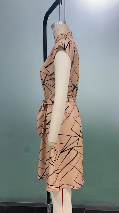 Women's Dresses Geometric Printed Elegant Casual v Neck Short Sleeve Summer Dresses Fashion Ladies Lace up dress Vestidos