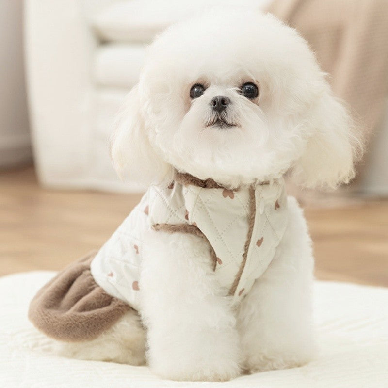 Casaco de Inverno Quente para Cães Vestido Fofo Roupas Macias para Cães Moda Algodão Casaco de Cachorro com Estampa de Coração Casaco para Gatos Bichon Fantasia para Pets