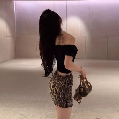 Dulzura Summer Latest Fashion Elegant High Waist Sequins Sexy Slim Leopard Print Short Skirt Party Club Street Clothes Wholesale