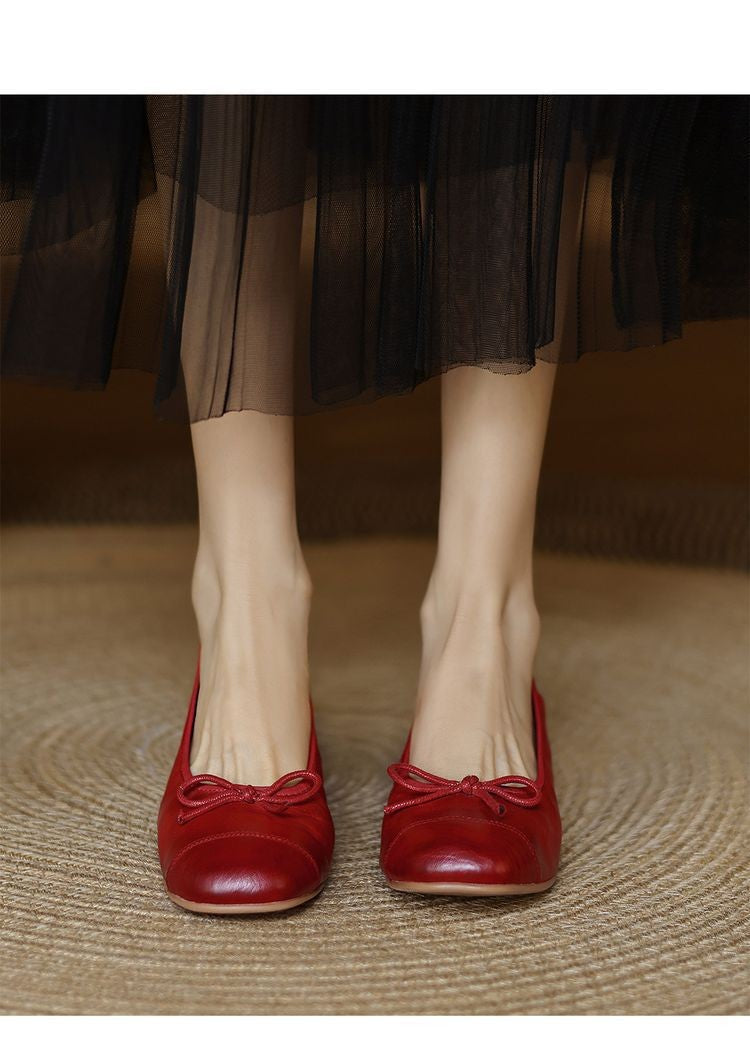 Mary Jane Women Loafers Hand Stitch Casual Streetwear Ballet Flats Soft Sole Solid Color Women Shoes Comfy Round Head Bow Shoes