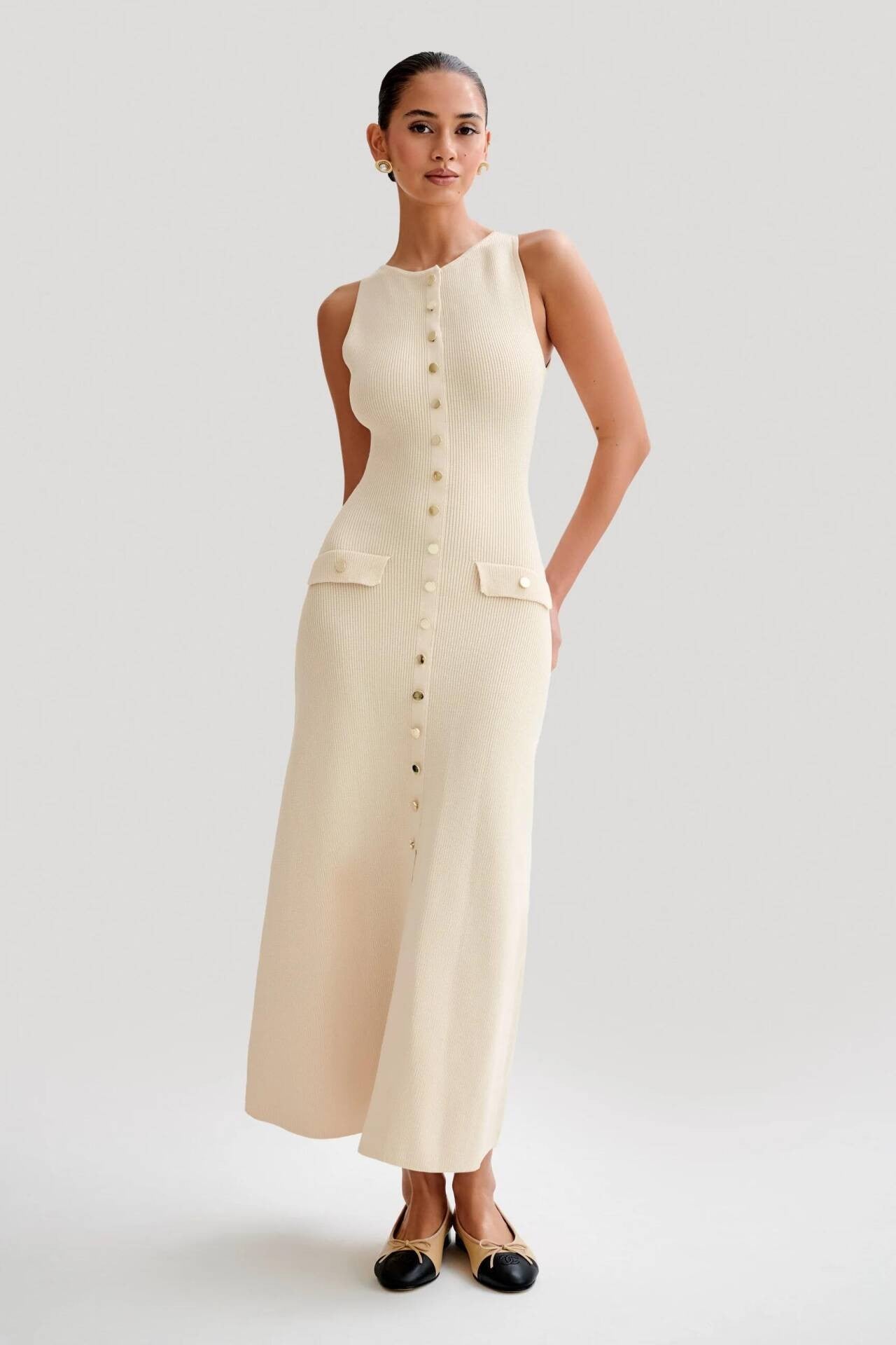 2024 Summer Elegant Lady Knitted Single Breasted Long Dresses Women Solid Sleeve