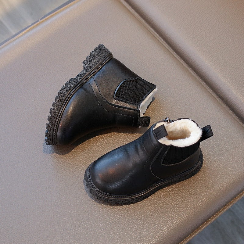 21-30 Kids Ankle Boots for Little Boys Girls Thermal Snow Boots Fashion PU Leather Children Short Rubber Boots with Thick Plush