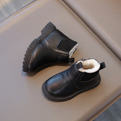 21-30 Kids Ankle Boots for Little Boys Girls Thermal Snow Boots Fashion PU Leather Children Short Rubber Boots with Thick Plush