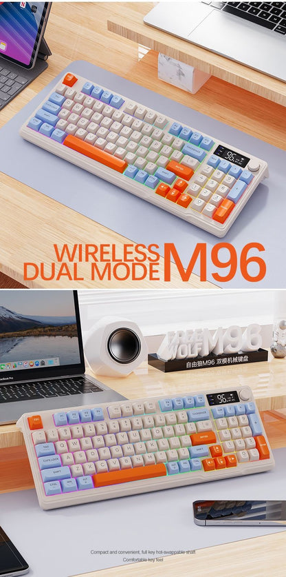 Teclado Gamer Sem Fio M96 Bluetooth FREEWOLF com Tela, Tela Eletrônica, Conexão Multi-Dispositivo, Ergonomia Gamer