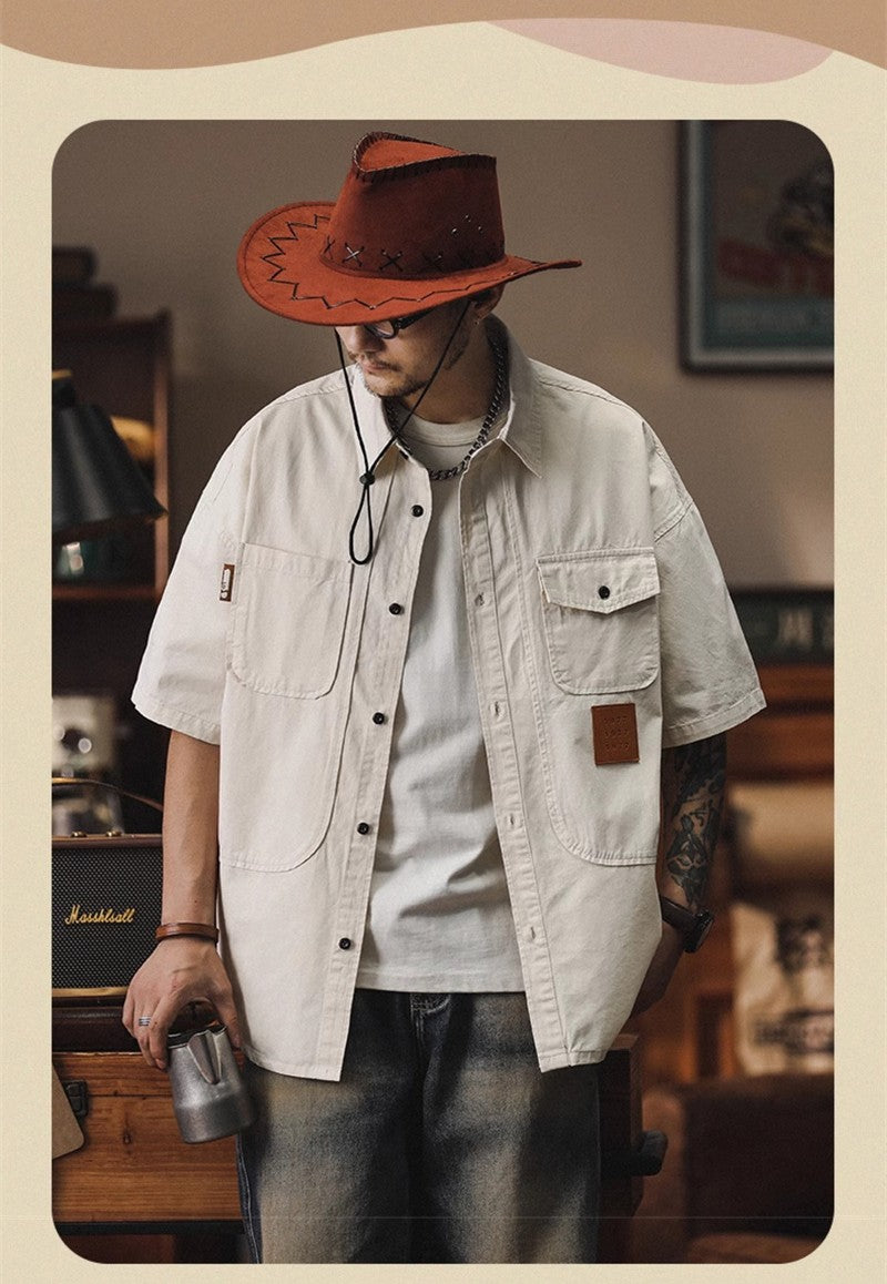 2025 Summer Men's Multi-pocket Oversized Short Sleeve Shirts High Street Fashion Cargo T-shirt New American Casual Y2K Shirt