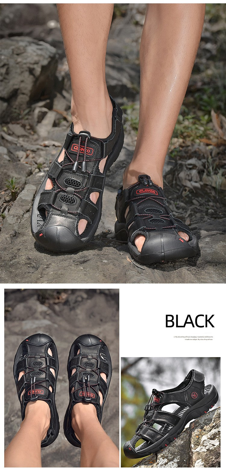 Fashion Men Genuine Leather Shoes 2025 Summer Non Slip Outdoor Water Walking Hiking Trekking Shoes Comfortable Casual Sneakers