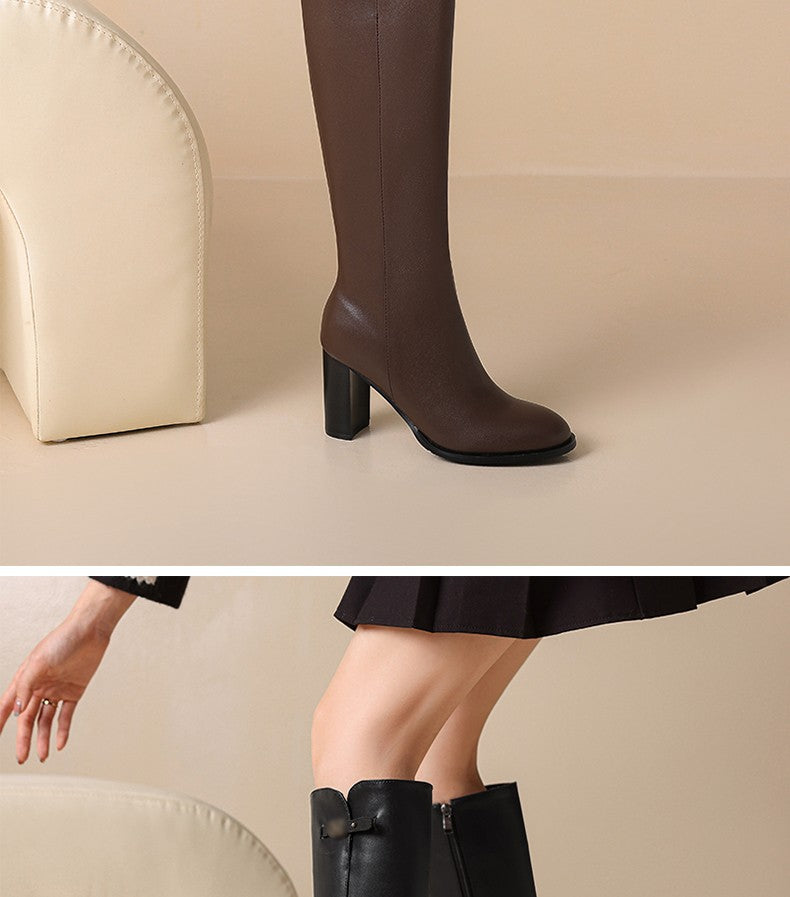 Ods Soft Cow Leather Black Knee High Boots Chunky Mid Heels Zipper Women's Long Boot Big Size Luxury Designer Sexy Shoes 4143 46