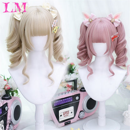 LM Medium Length Pink Cosplay Wig Heat Resistant Costume Party Synthetic Wigs 2 Clip On Ponytail 7 Colors