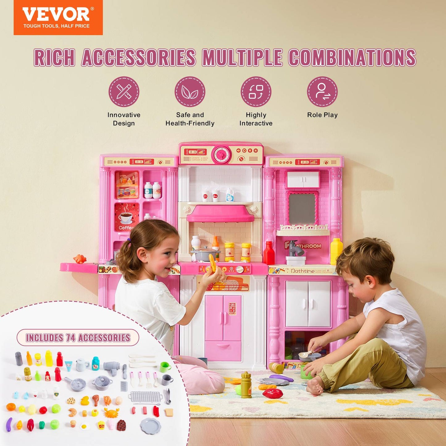 Brinquedos de Cozinha VEVOR para Crianças 74 Peças Conjunto de Chef com Sons e Luzes Idade 3+ Casa de Brincar Infantil Utensílios de Cozinha para Crianças Pequenas
