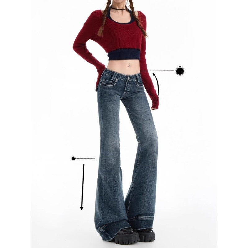 Vintage American-style hot girl low-waisted flare pants micro-flare jeans women's slim-fitting elastic Y2K casual wide-leg jeans