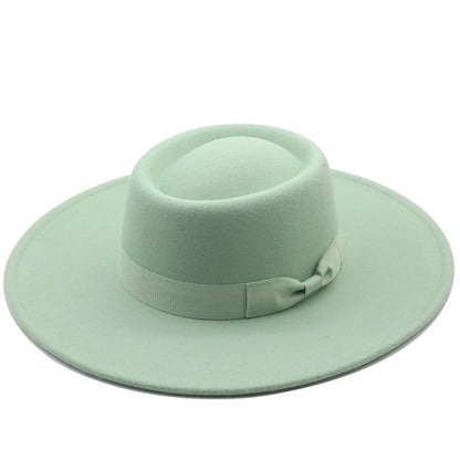 Chapéu Fedora Feminino De Lã Feltro Preto Liso Com Aba Larga De 9,5 Cm E Topo Reto, Com Laço, Vintage, Igreja, Casamento, Panamá
