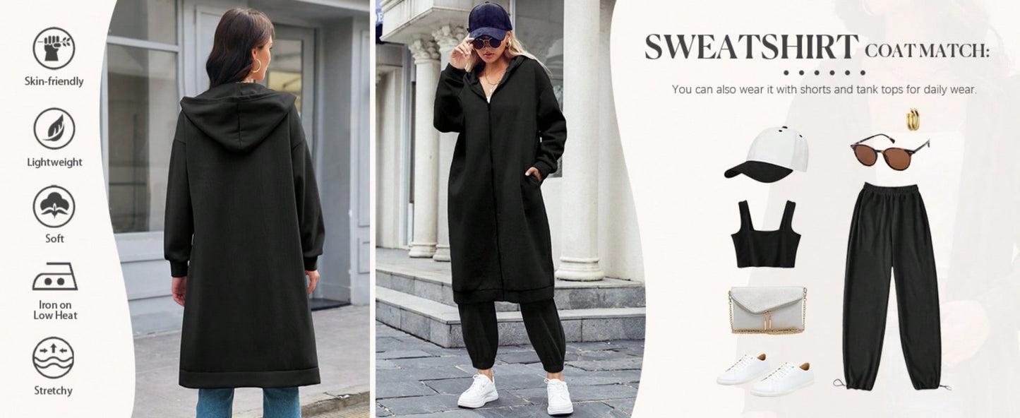 Fisoew lined Winter Coat Women Zip Up Hoodie Warm Long Tunic Sweatshirt With Pockets Outdoor Streetwear Jacket