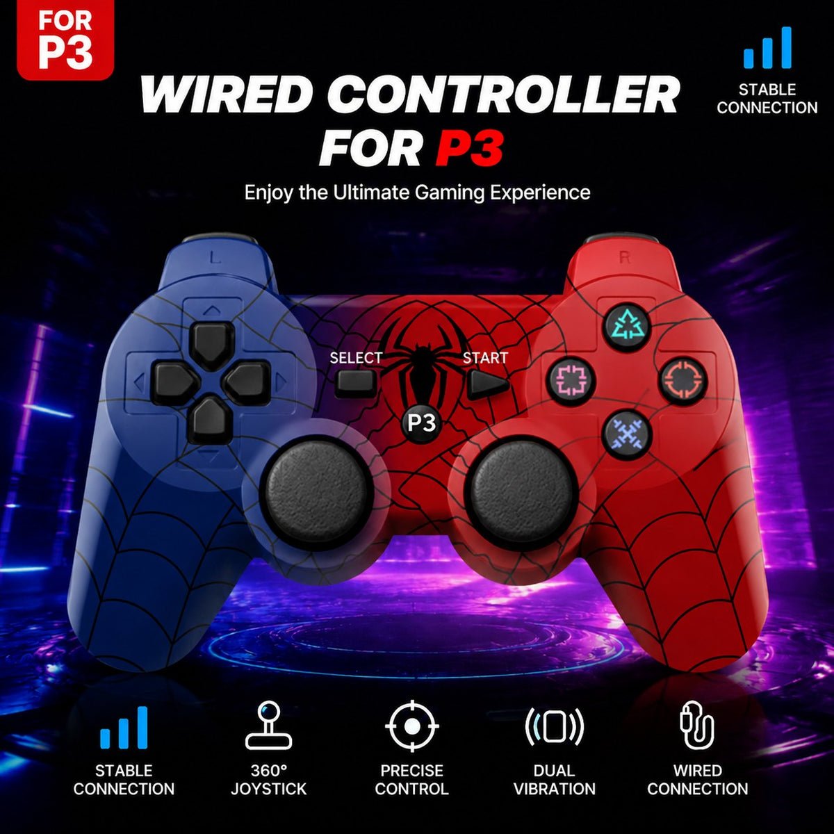 Wireless Controller for Spider-Man PS3 Dual Analog Rechargeable Game Controller for P3 Console with Cable Dual Vibration