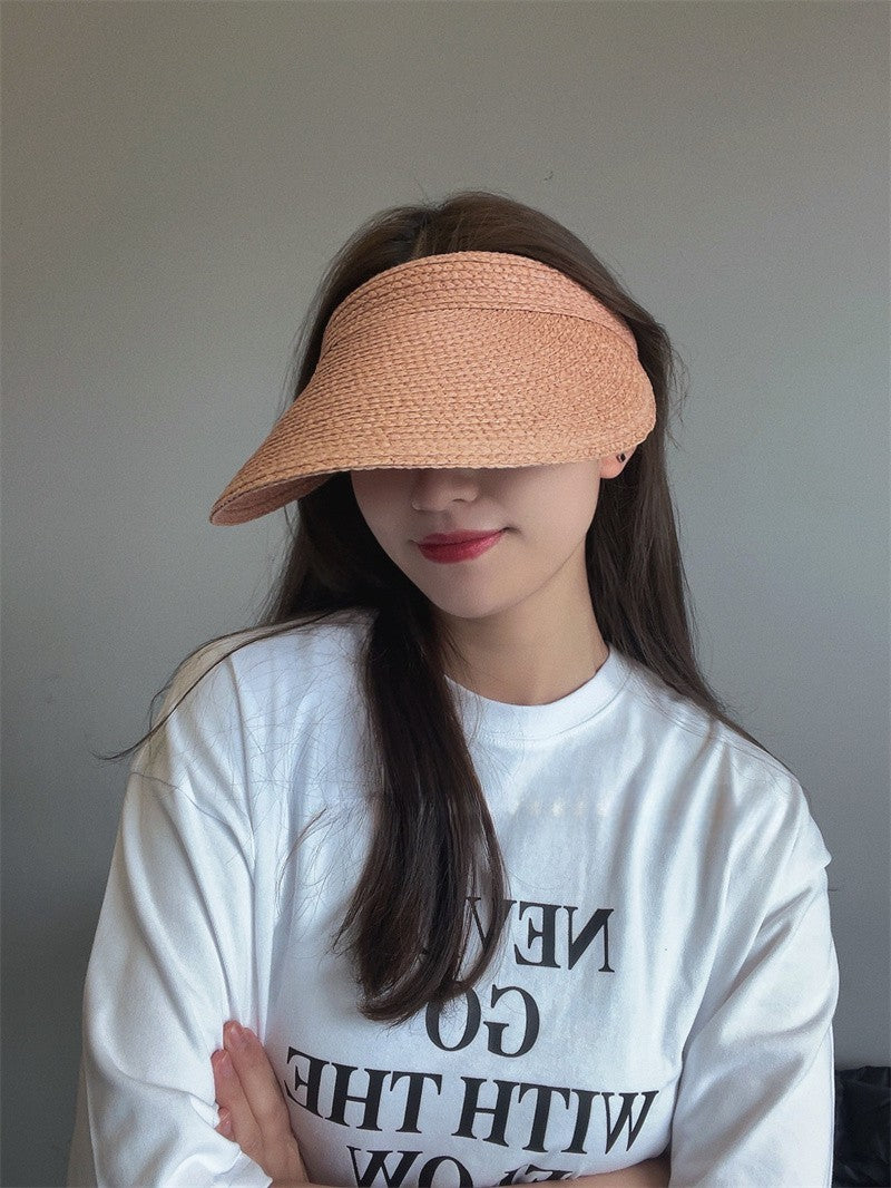 Chapéu de Sol Feminino USPOP de Verão com Aba Grande, Estilo Tiara de Ráfia, Casual e Aberto, para Praia