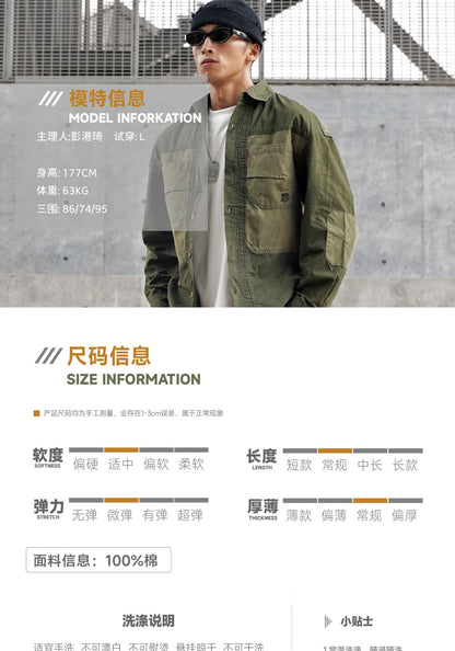 Vintage Patchwork Design Men Autumn Tactical Function Cargo Shirts Y2K High Street Techwear Style Long Sleeve Tops camisetas