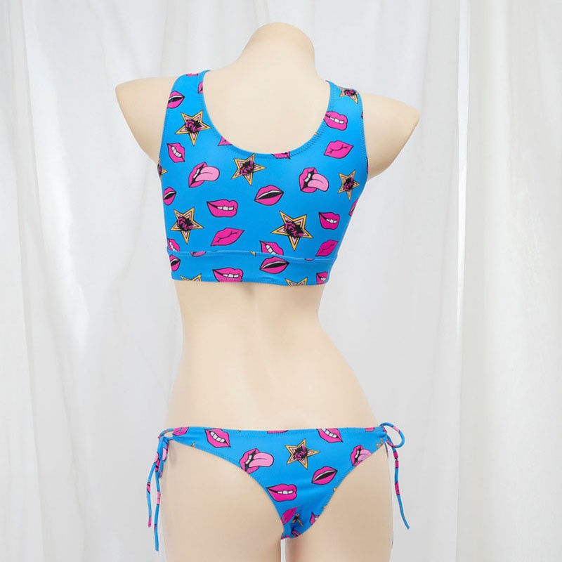 Anime Beach Girl Red Lip And Yellow Danger Warning Line Uniform Printing Bikini Swimsuit Underwear Women Outfits Cosplay Costume