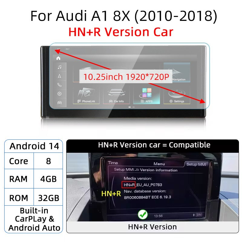 Android 14 Auto Rádio CarPlay Para Audi A1 Q2 2010-2023 GPS Carro Multimedia Player Navi Estéreo DSP WIFI SIM BT Tela de Toque IPS