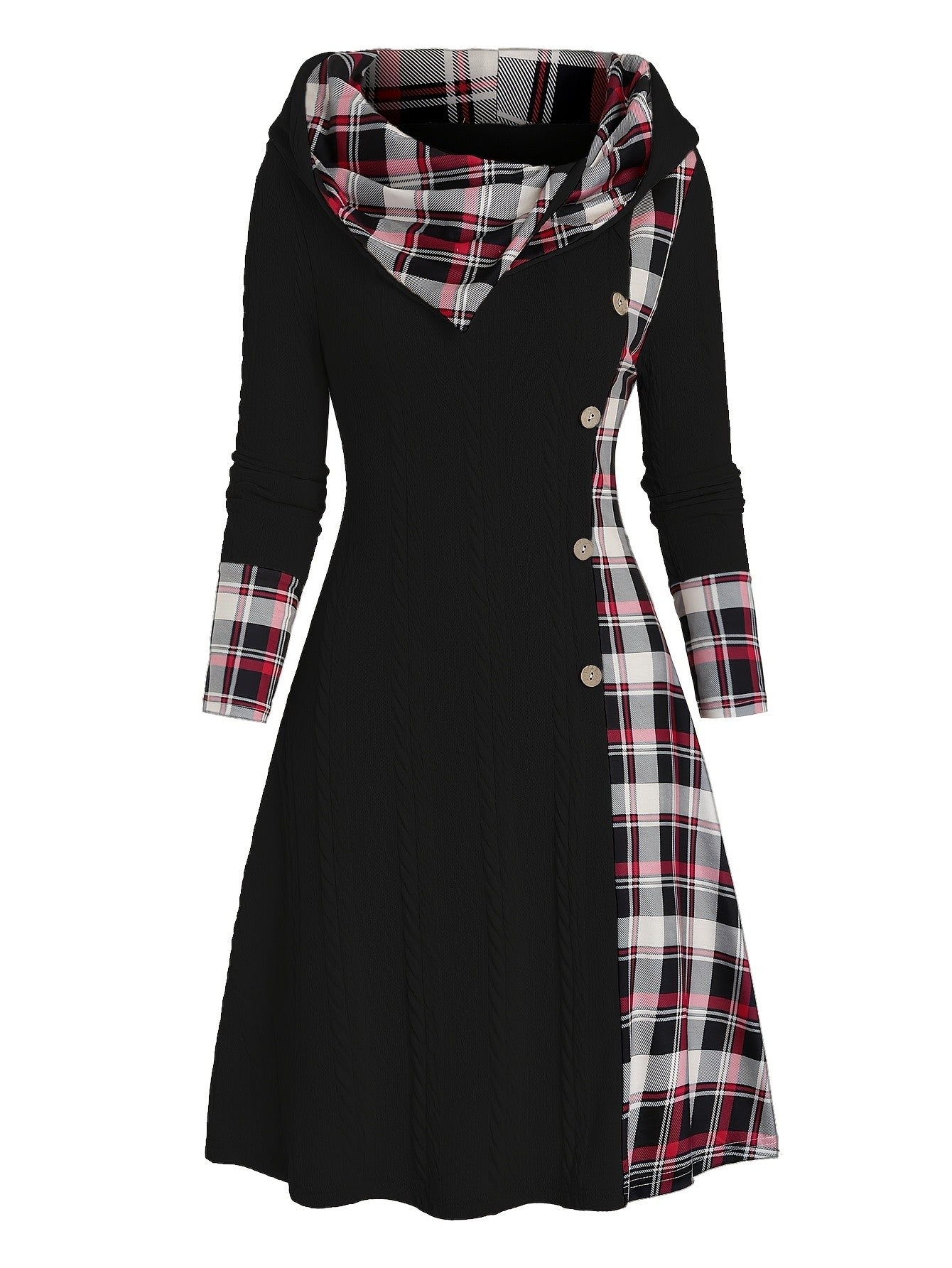 Knitted hooded dress plaid print stitching fake buckle high waist long sleeve A-line dress female